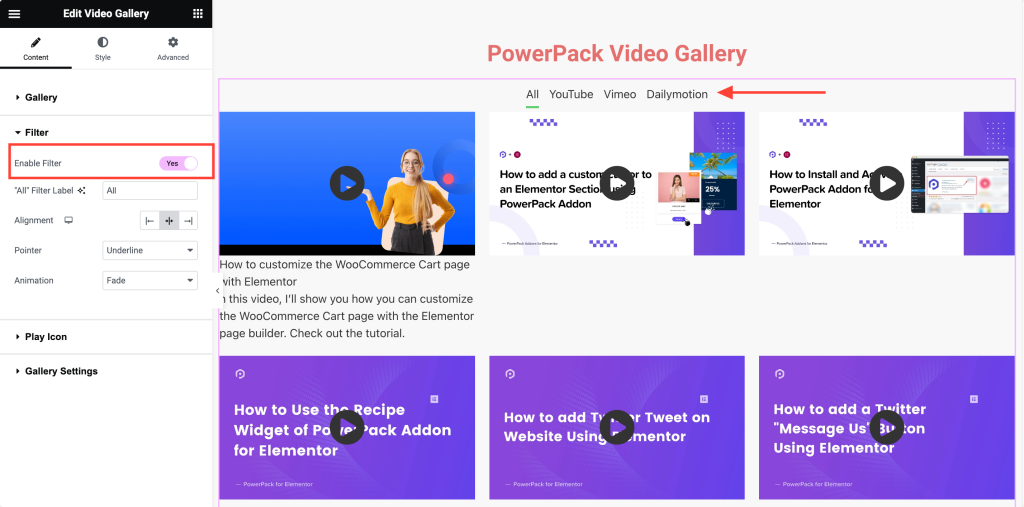 フィルタリング可能な YouTube ビデオ ギャラリー