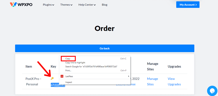 Selectați Cheia de licență și Copiați