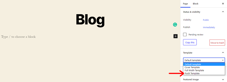 Selectați șablonul PostX