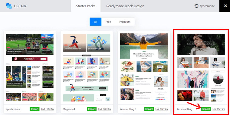 Alegeți șablon și faceți clic pe Import