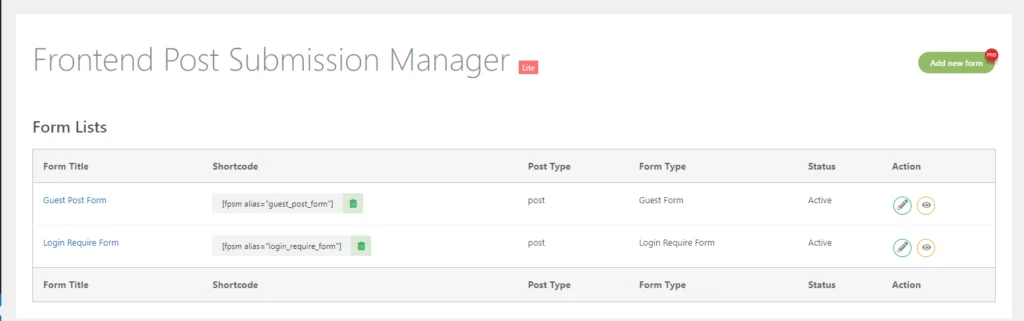 Formularliste des Frontend Post Submission Manager Lite