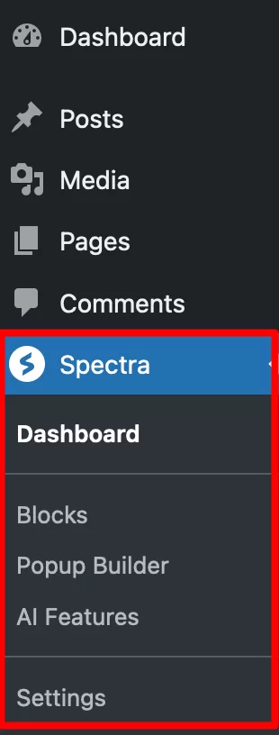 WordPress サイドバーの Spectra メニュー。