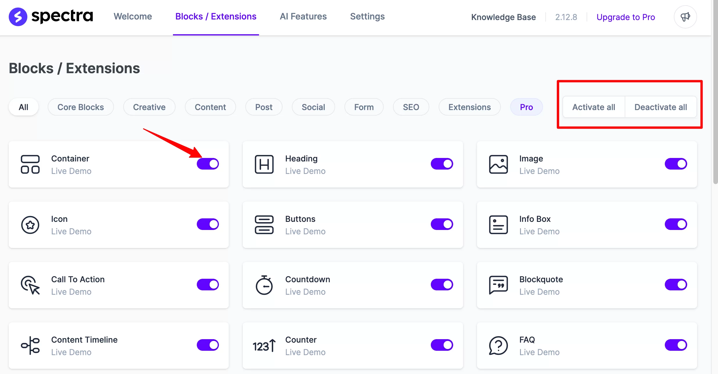 Spectra memungkinkan Anda untuk mengaktifkan atau menonaktifkan blok individual di tab "Blok/ekstensi".