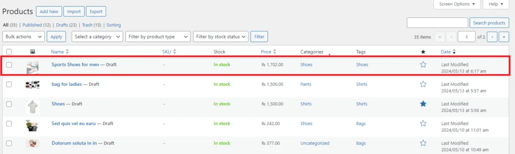 produto enviado do frontend disponível na postagem do produto