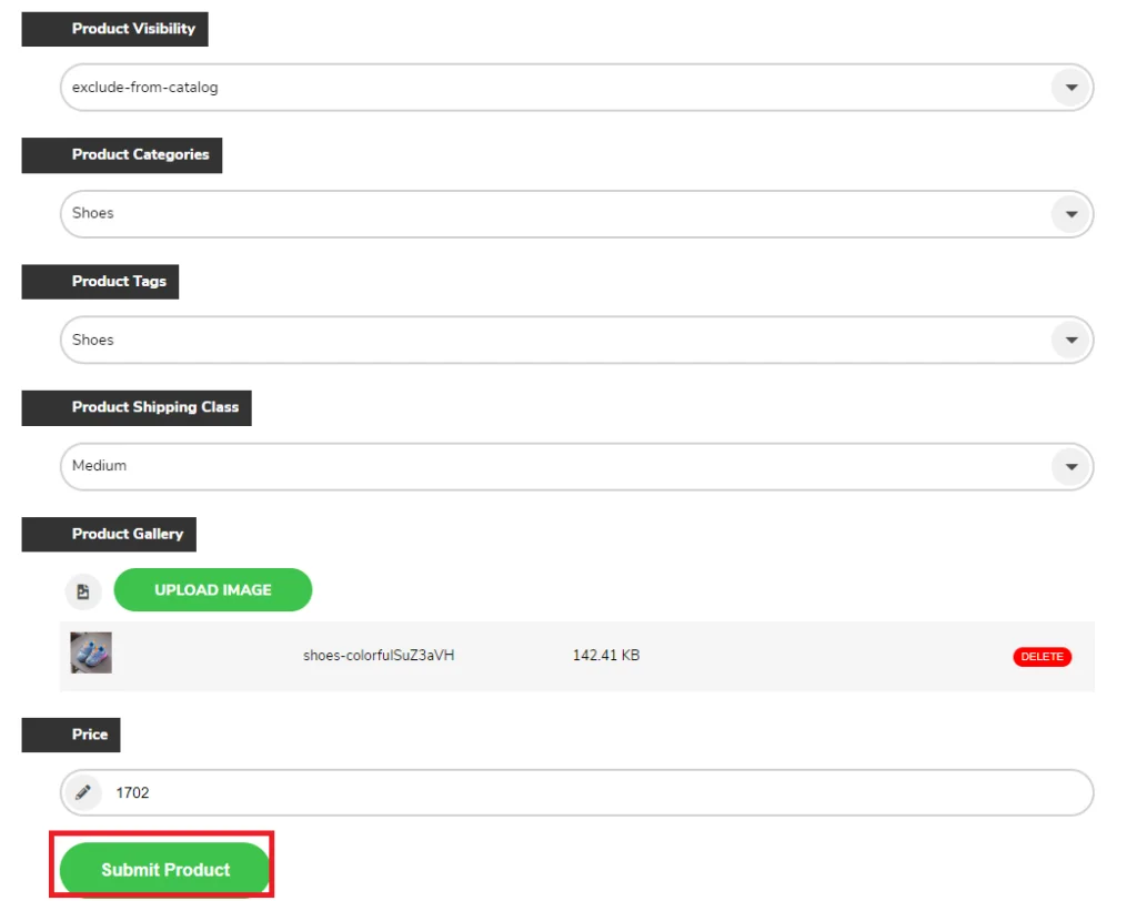 captura de tela do formulário do produto woocommerce