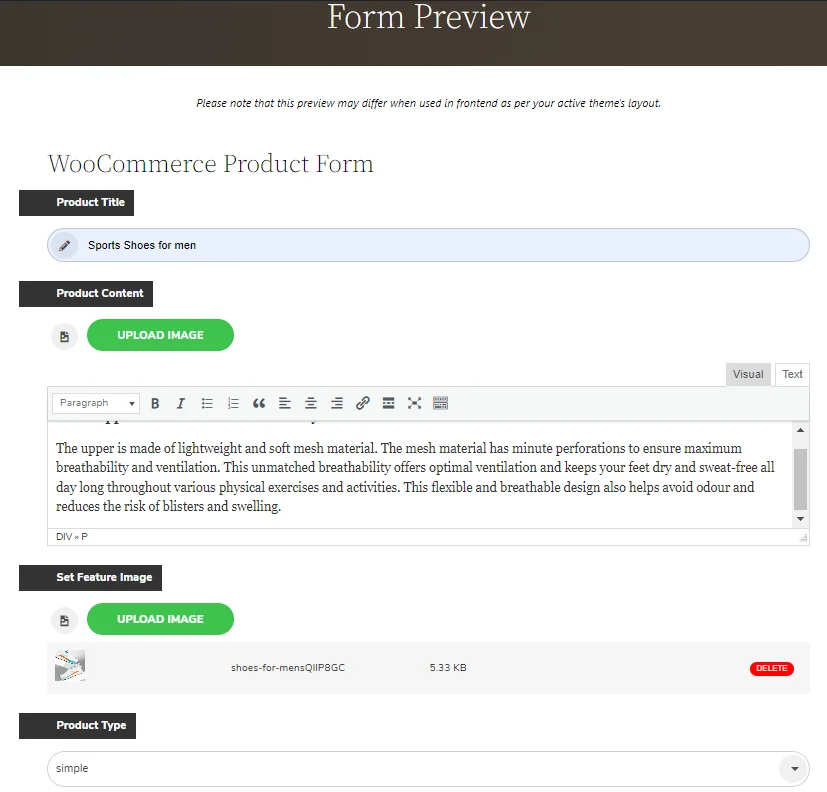 visualização do formulário do produto woocommerce