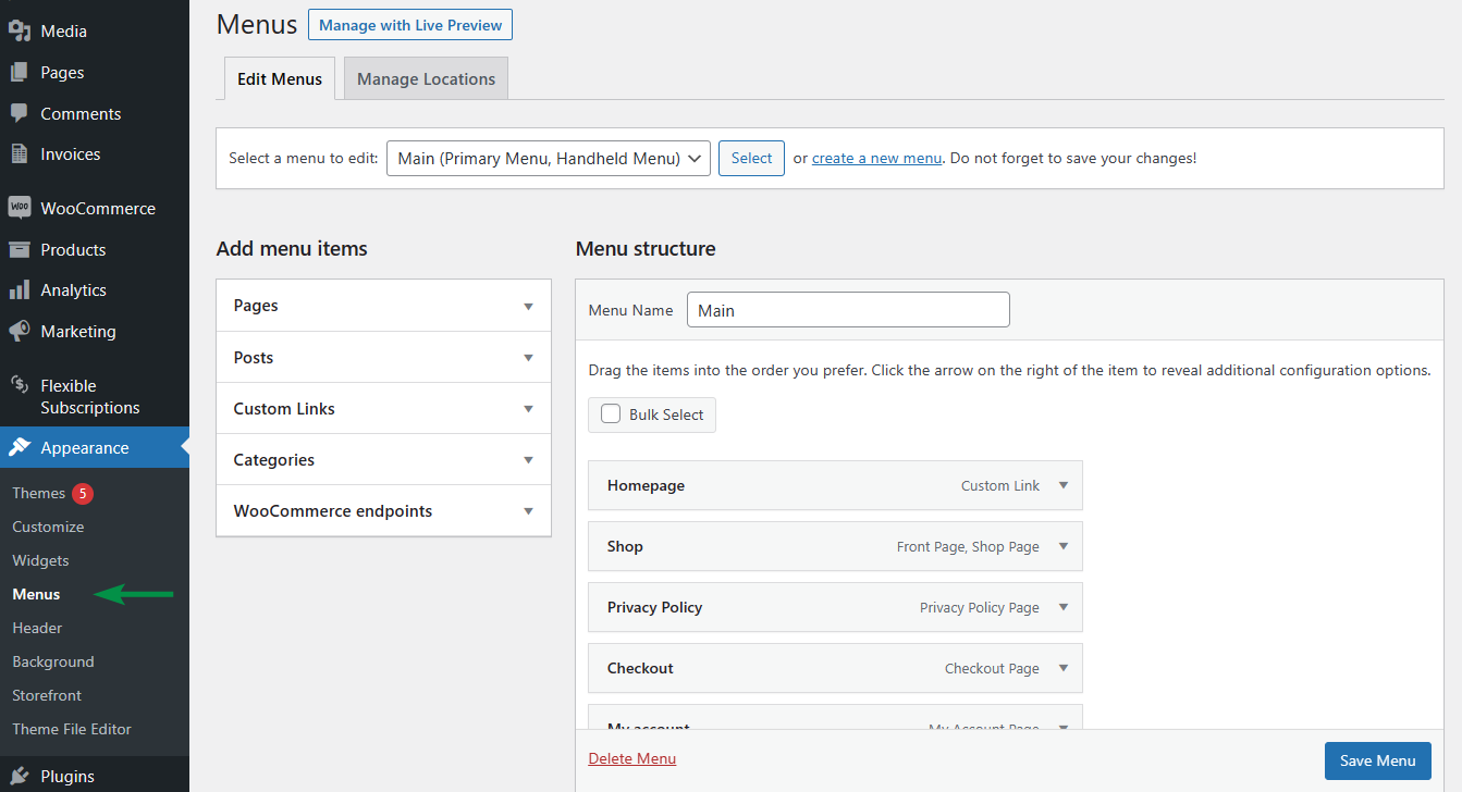 เมนู WordPress - ปรับแต่งโครงสร้างเมนูและหน้า