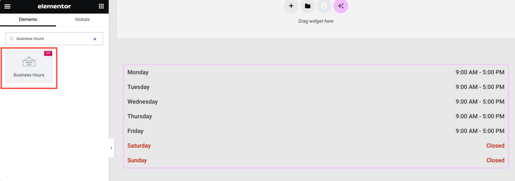 Widget de horário comercial