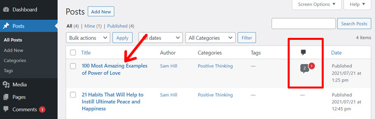 Găsiți coloana de comentarii pentru o anumită postare WordPress