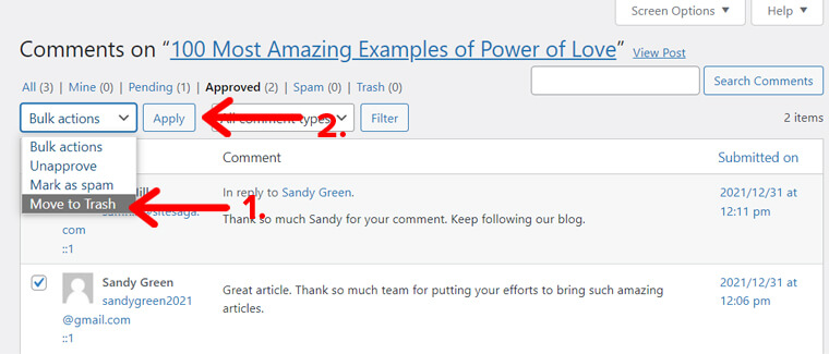 Mutați în Coșul de gunoi Toate comentariile aprobate pentru o singură postare