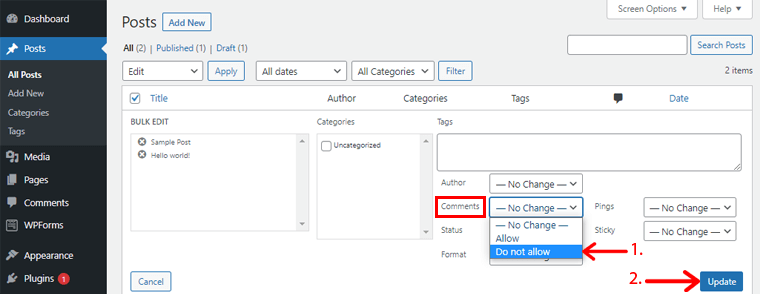 Opțiune dropdown pentru a dezactiva secțiunea de comentarii