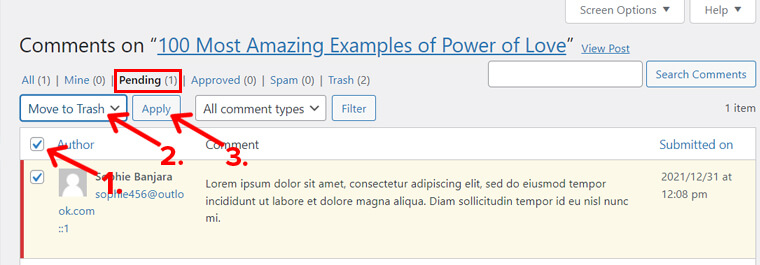 Ștergerea comentariilor în așteptare la o postare individuală din WordPress