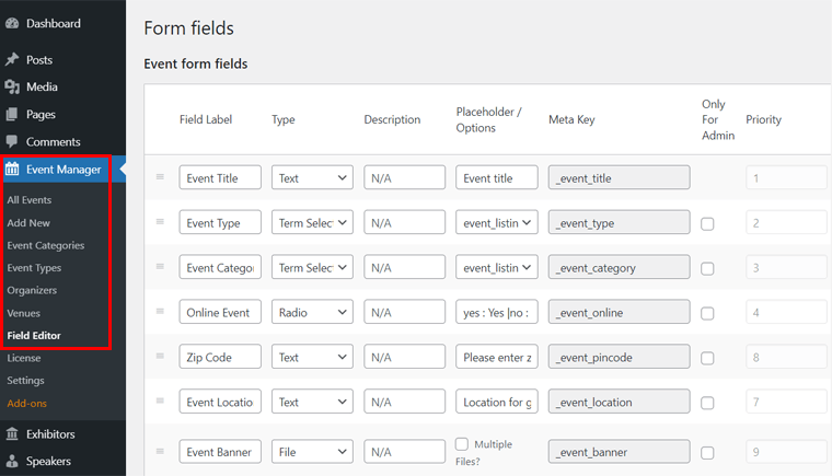 Editor Bidang di Plugin WP Event Manager