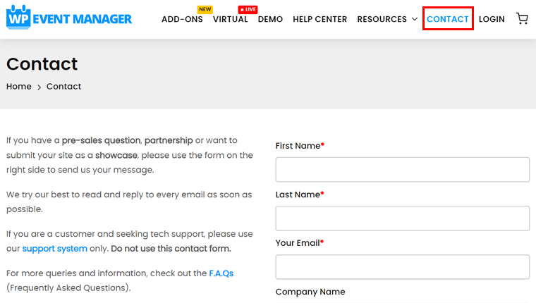 Hubungi sebagai Dukungan Pelanggan untuk WP Event Manager