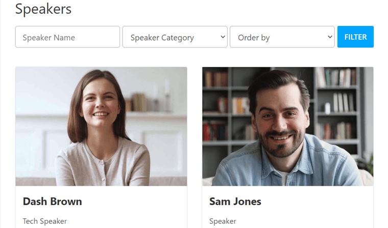 Daftar Pembicara dengan Opsi Pencarian dan Filter