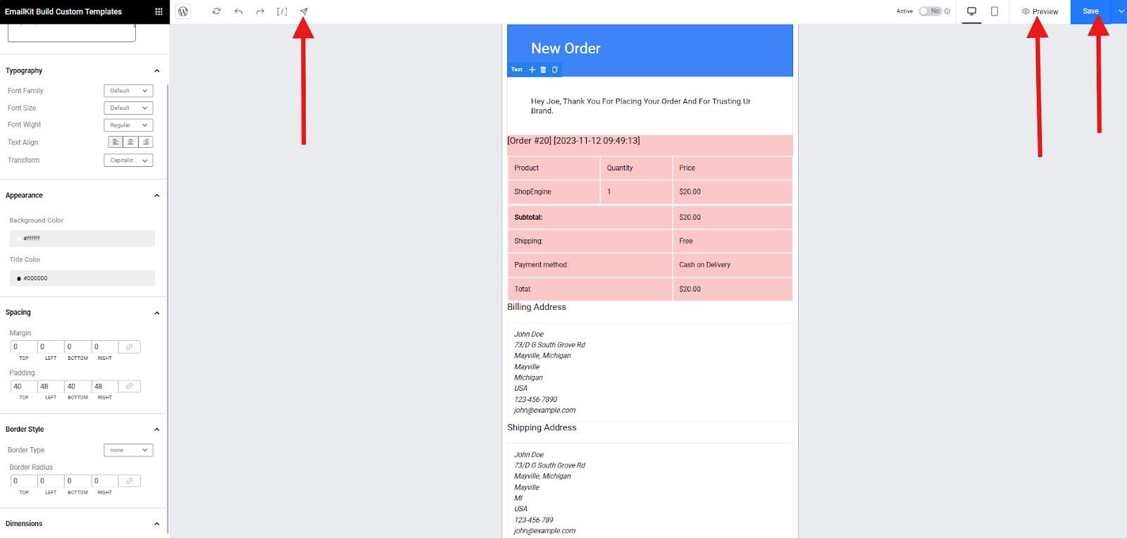 Testarea șablonului de e-mail utilizând opțiunea de testare a trimiterii e-mailului