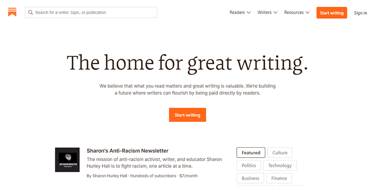 Substack-Schreibplattform für beliebte Blog-Sites