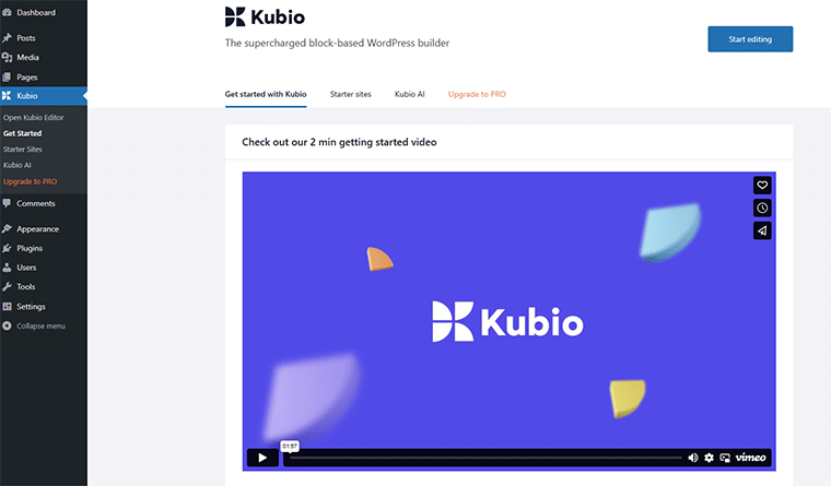 Kubio Builder AI 플러그인 시작 페이지 살펴보기
