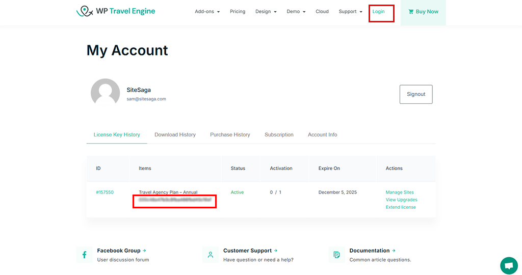 Войдите в учетную запись WP Travel Engine и получите лицензионный ключ.