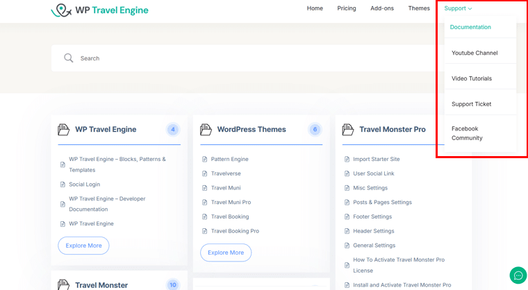 Страница документации WP Travel Engine и варианты поддержки