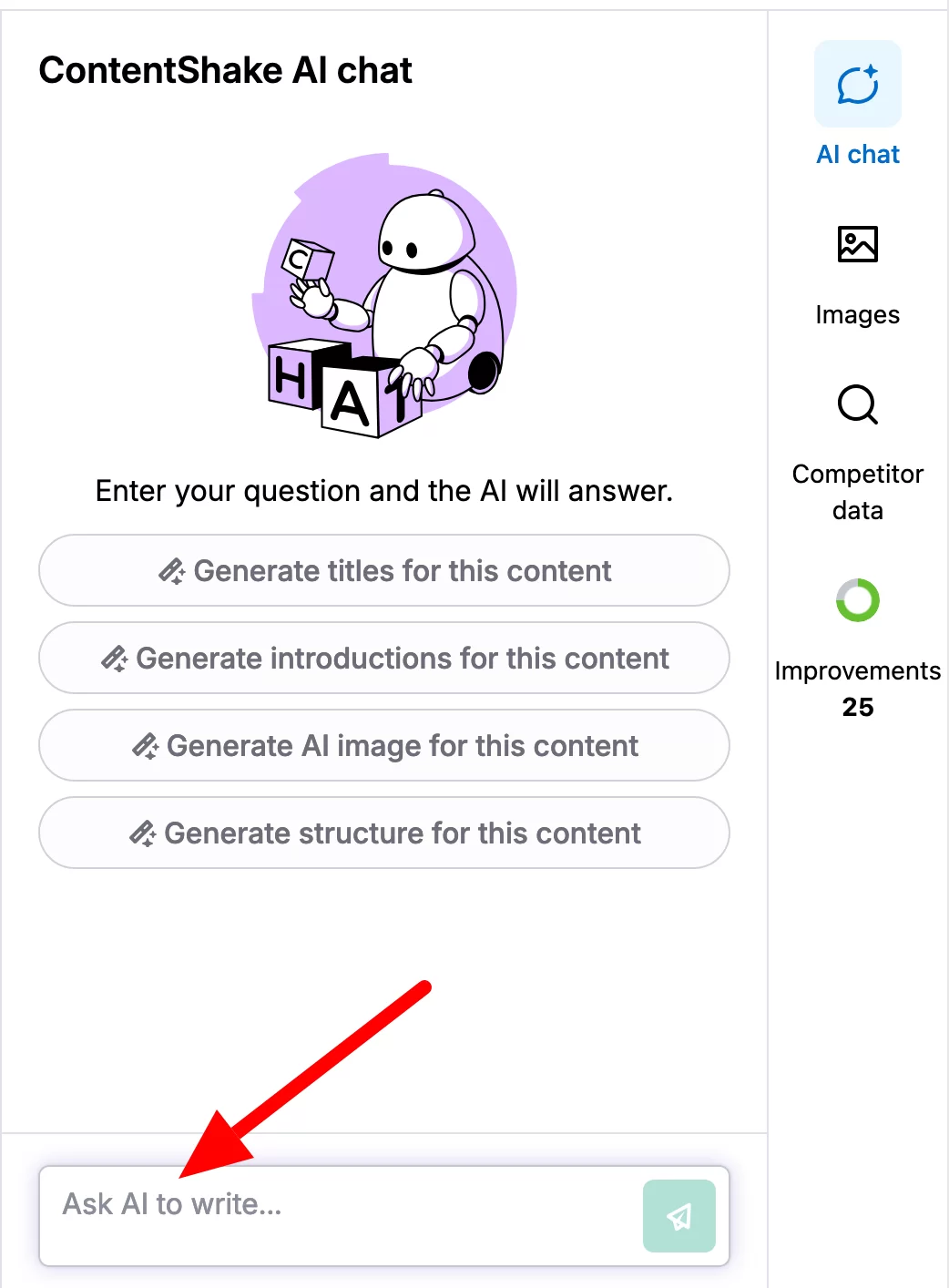 Você pode pedir ao ContentShake AI para escrever recursos específicos com um bot de bate-papo de IA no editor de artigos.