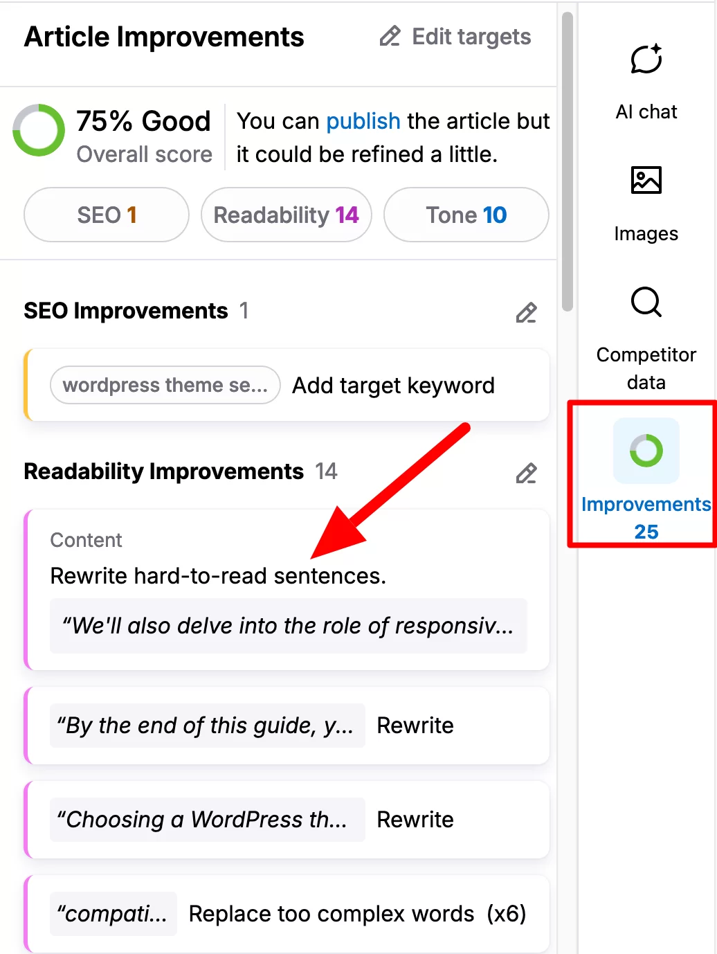 ContentShake AI oferece sugestões para melhorar o SEO, a legibilidade e o tom de seus artigos.