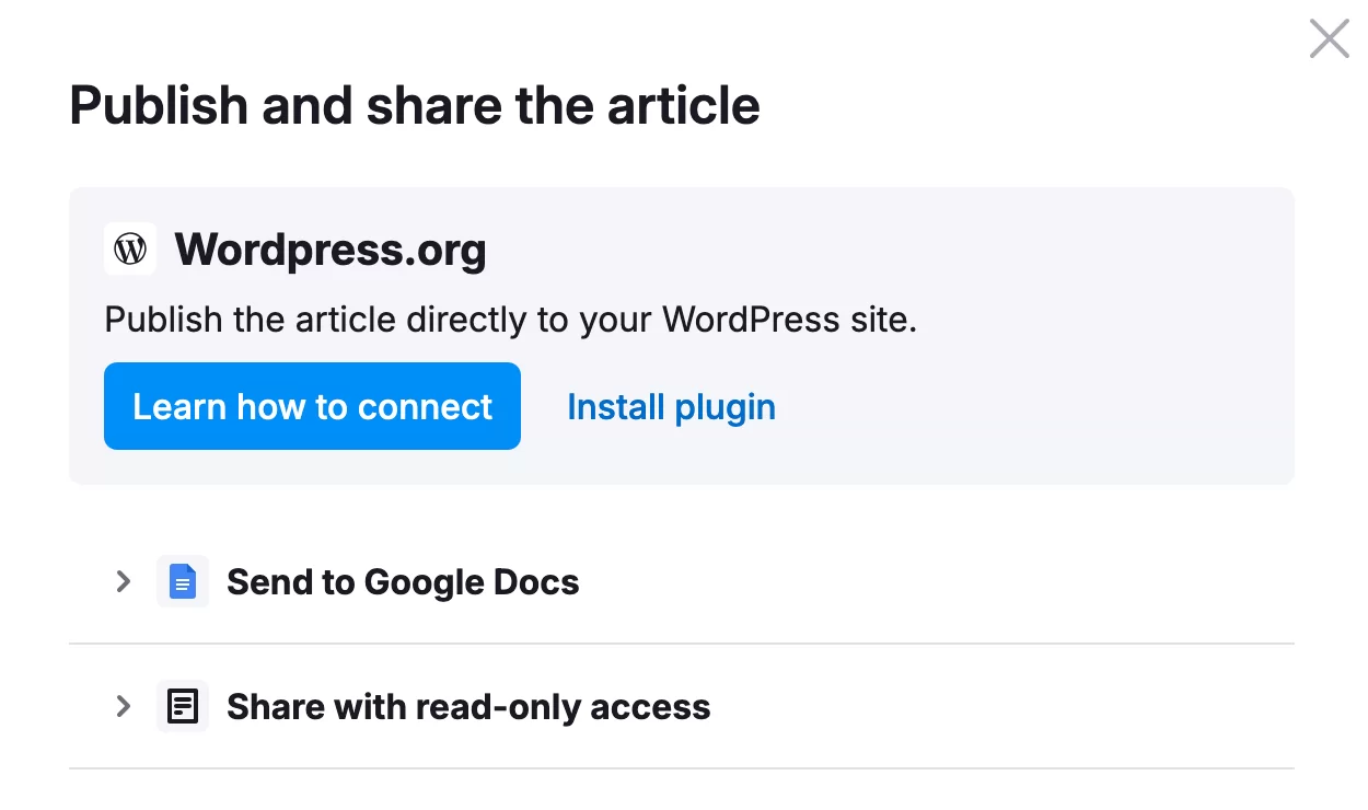 O conteúdo criado com ContentShake AI pode ser publicado diretamente no WordPress ou no Google Docs.