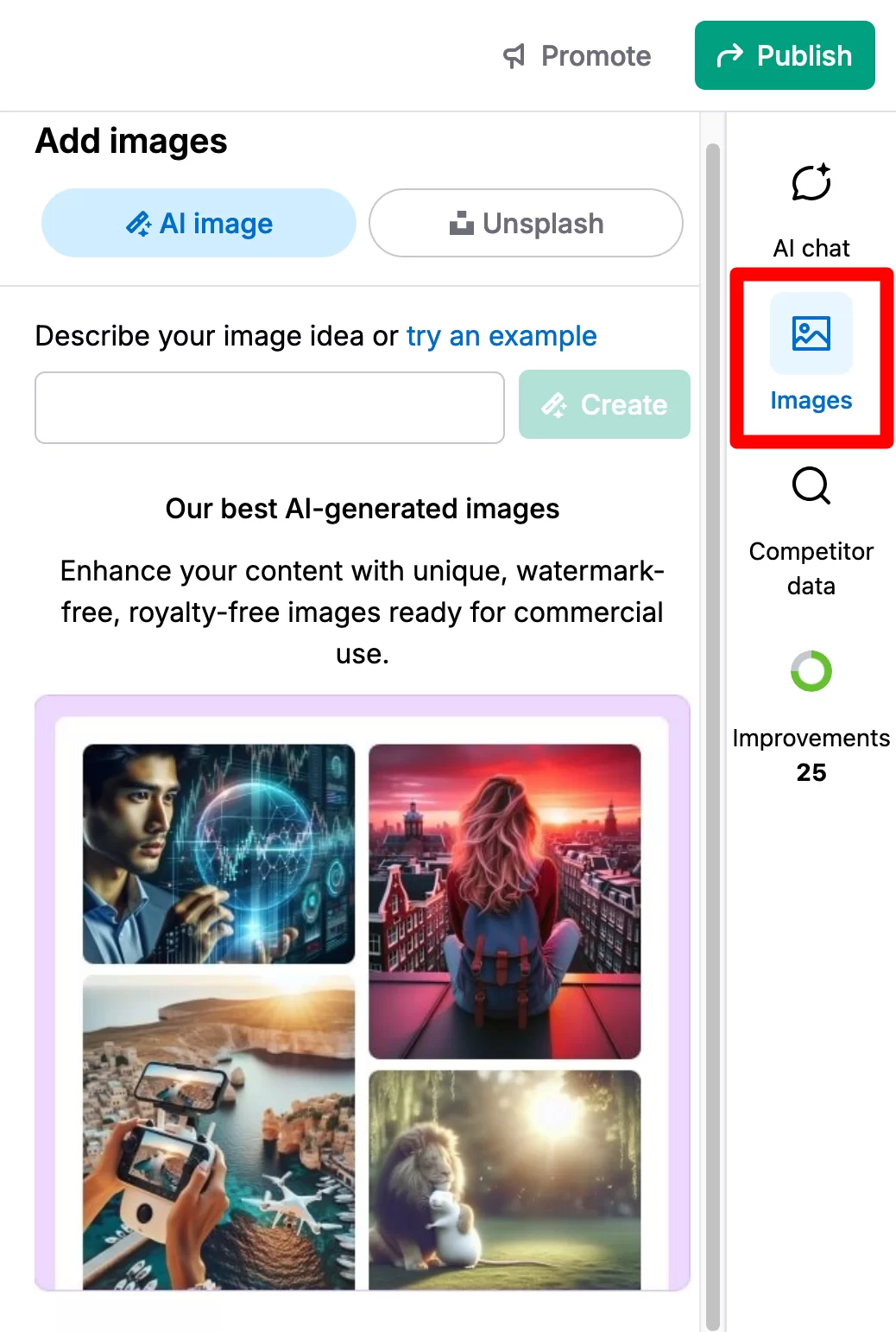 ContentShake AI pode fornecer imagens geradas por IA para o seu conteúdo.