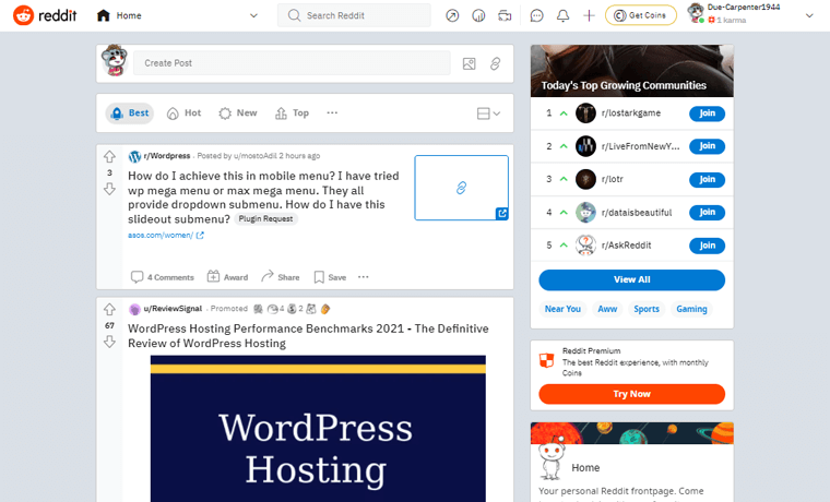 Esempio di Reddit per il sito Web della community