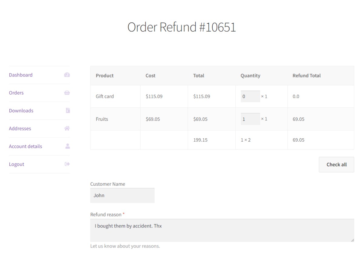Ordre de remboursement et de retour flexible pour WooCommerce - Mon compte