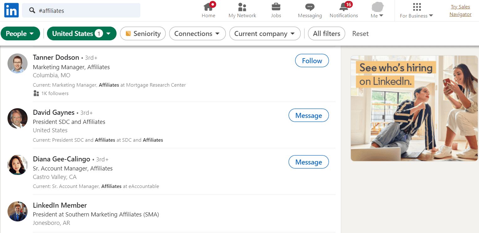 Afiliados de busca de hashtag no LinkedIn