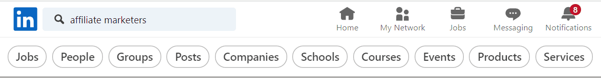 Encontre profissionais de marketing afiliados no mecanismo de pesquisa do LinkedIn