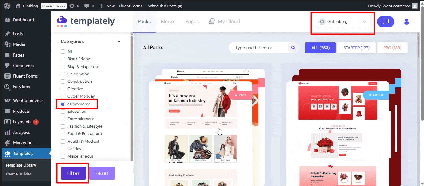 Wählen Sie Gutenberg E -Commerce und Filter