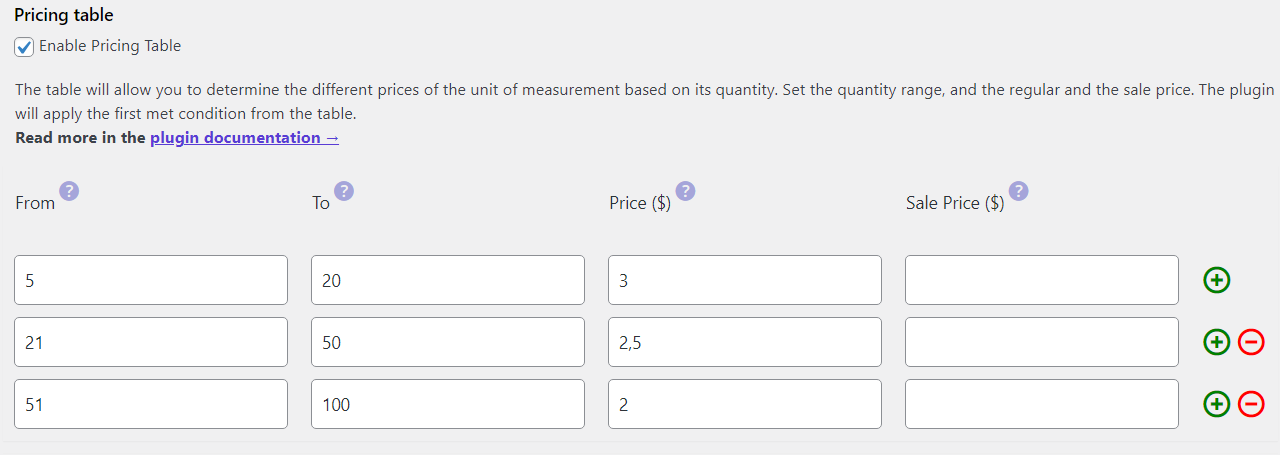 Tabla de precios en cantidad flexible
