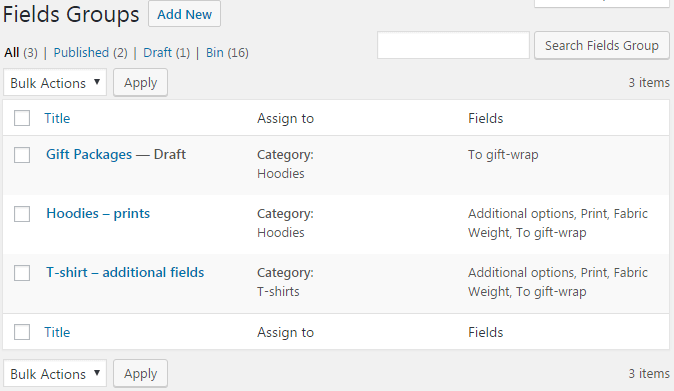 Campos de productos flexibles de WooCommerce - Grupos