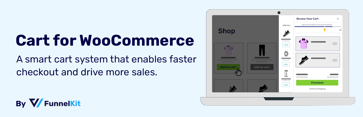 funnelkitによるwoocommerce用のスライディングカート - カートをスキップして到達するwoocommerceチェックアウトより速いバナー画像