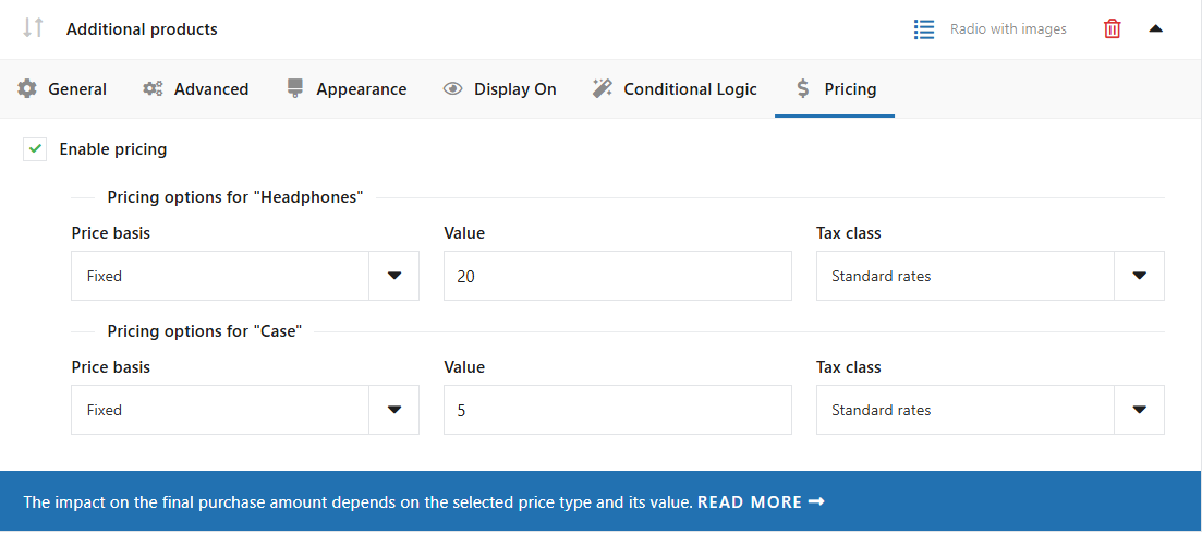 Flexible Checkout Fields Pro WooCommerce의 양식 필드 예제 예제 당 추가 가격