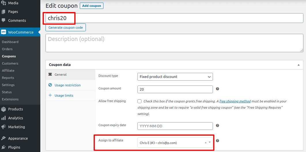 Asignar cupones de afiliados de WooCommerce