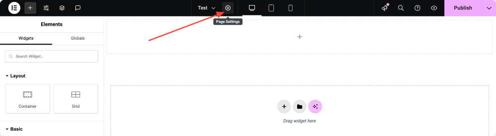 Configurações de layout da página Elementor