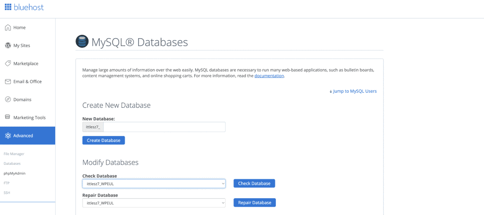 Opsi bluehost database mysql