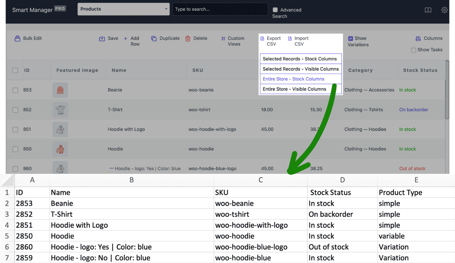 WooCommerce Export Products CSV con Smart Manager
