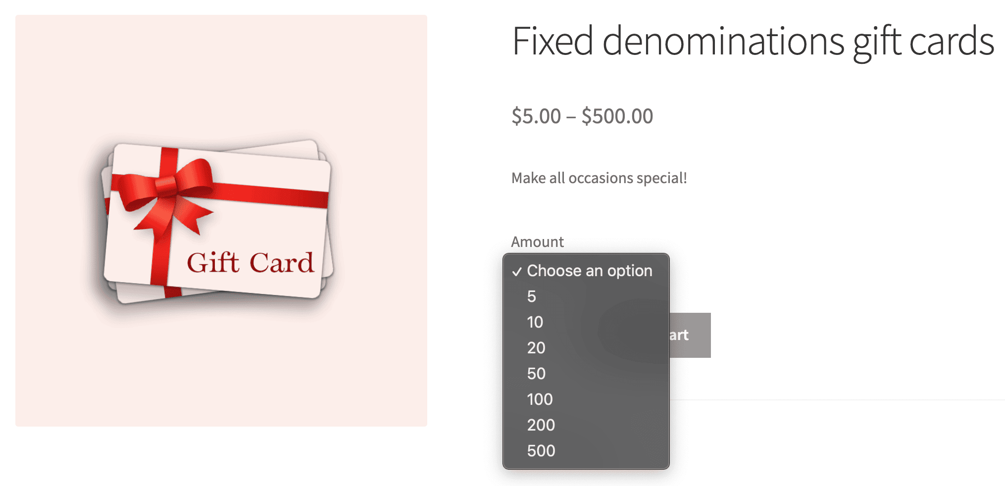 Tarjeta de regalo de denominaciones fijas de WooCommerce