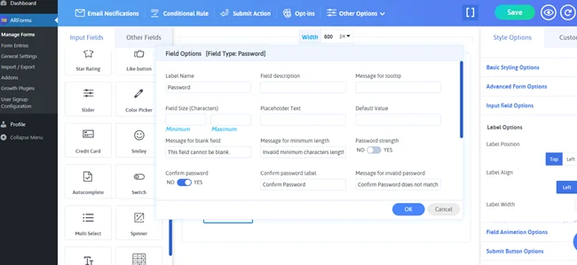 Configuración de campos