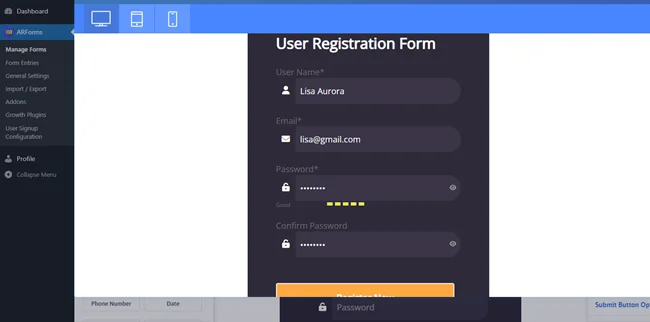 vea la vista previa en vivo de su formulario de registro de usuario personalizado de WordPress