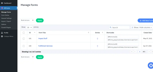 Panel de control de ARForms dentro de su panel de WordPress