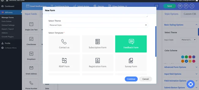 seleccione la plantilla del formulario de comentarios