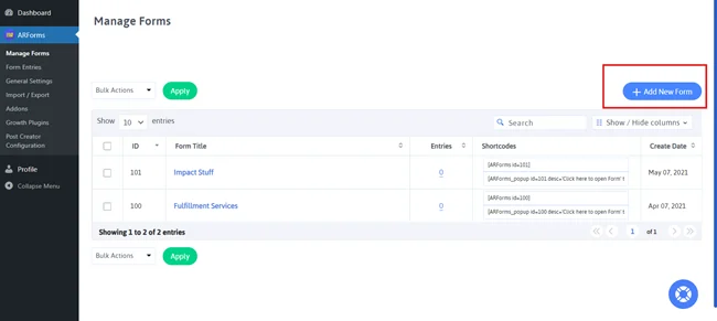 Arforms จัดการการตั้งค่าแบบฟอร์ม