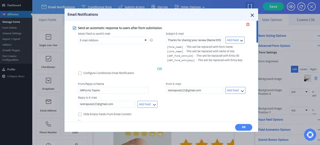 ป๊อปอัปแจ้งเตือนทางอีเมลของ Arforms