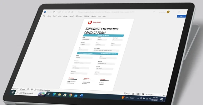 Форма контактной информации для экстренных случаев