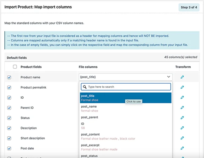 คอลัมน์วิธีการนำเข้าแผนที่